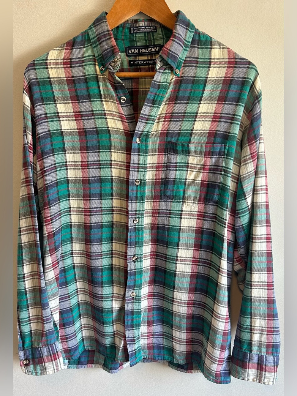 Vintage Van Heusen Winterweights Flannel Shirt Mens M Blue Green Plaid Cotton